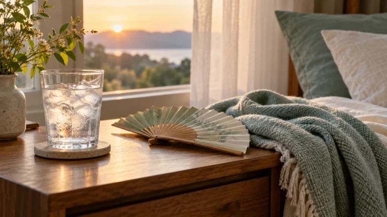 Glass of ice water, folding fan and cotton throw on a bedside table at dawn