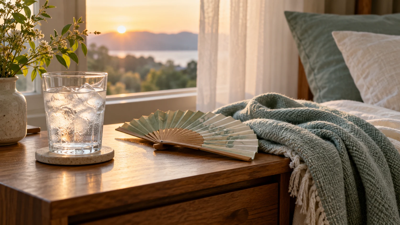 Glass of ice water, folding fan and cotton throw on a bedside table at dawn