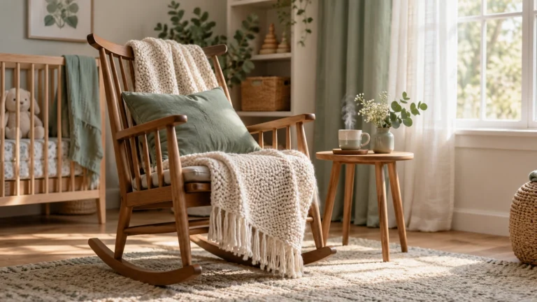 Wooden rocking chair with a knitted blanket and tea in a quiet nursery corner