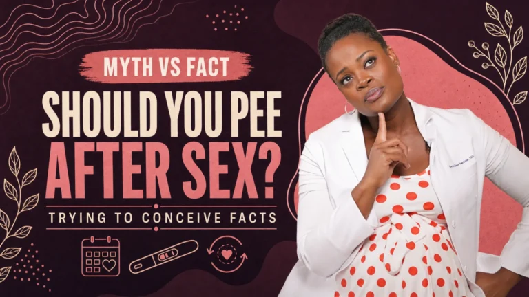 Doctor P in thought beside icons of a calendar, pregnancy test, and heart, cover image for the deep dive on whether peeing after sex affects your chances of conceiving.