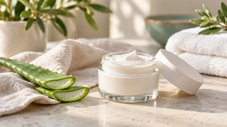 Jar of white moisturizing cream with aloe vera leaves and soft towels on a bathroom counter