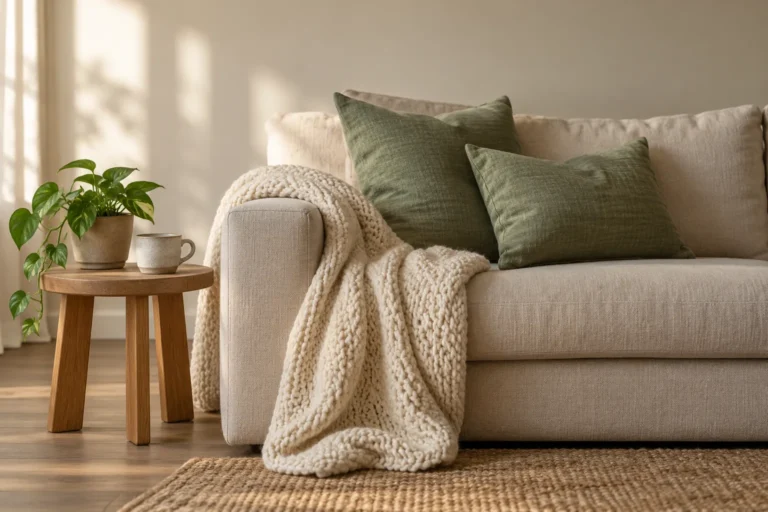 Cream sofa with a knit blanket, green cushions and a small plant on a side table