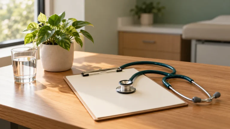 Stethoscope on a clipboard beside a plant and glass of water on a desk