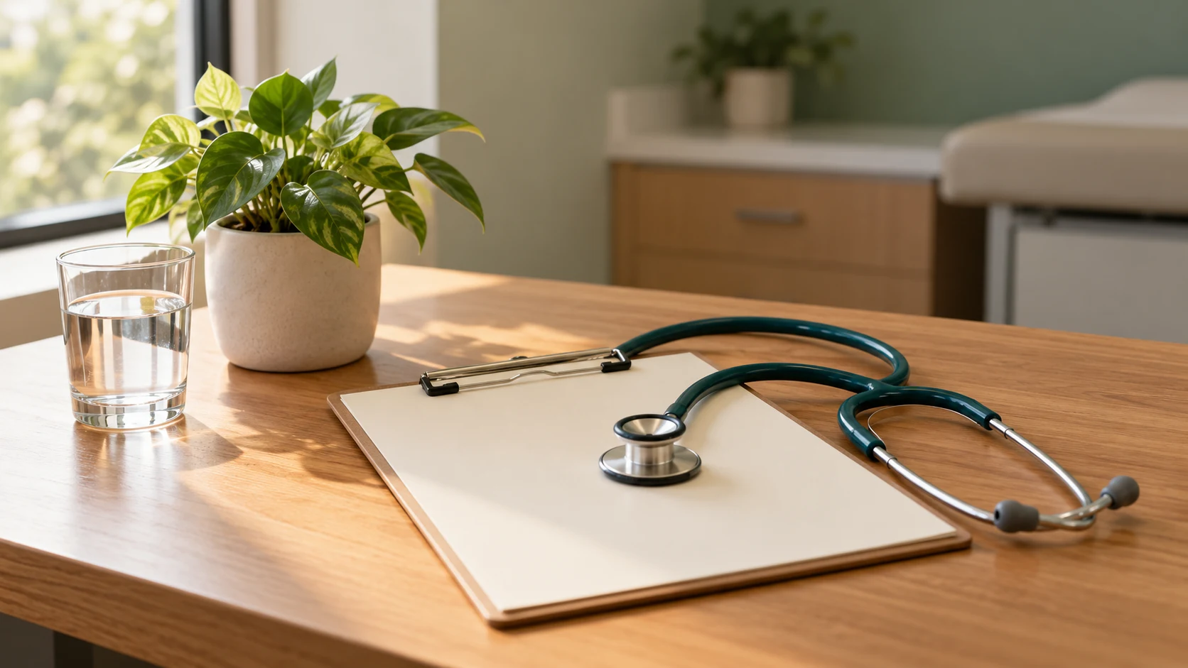 Stethoscope on a clipboard beside a plant and glass of water on a desk
