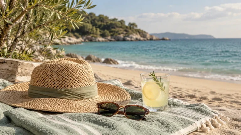 Straw hat, sunglasses and lemonade on a beach towel by the sea