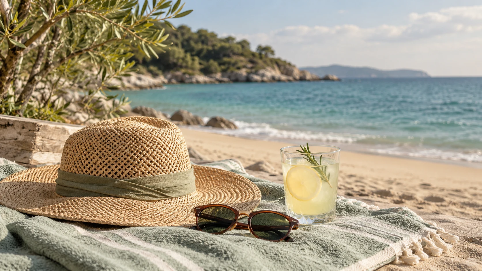 Straw hat, sunglasses and lemonade on a beach towel by the sea