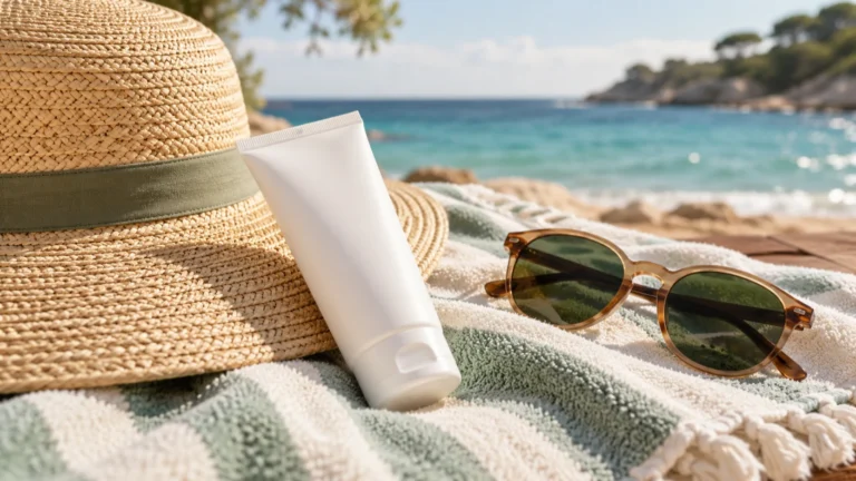 Plain sunscreen tube, sunglasses and straw hat on a beach towel