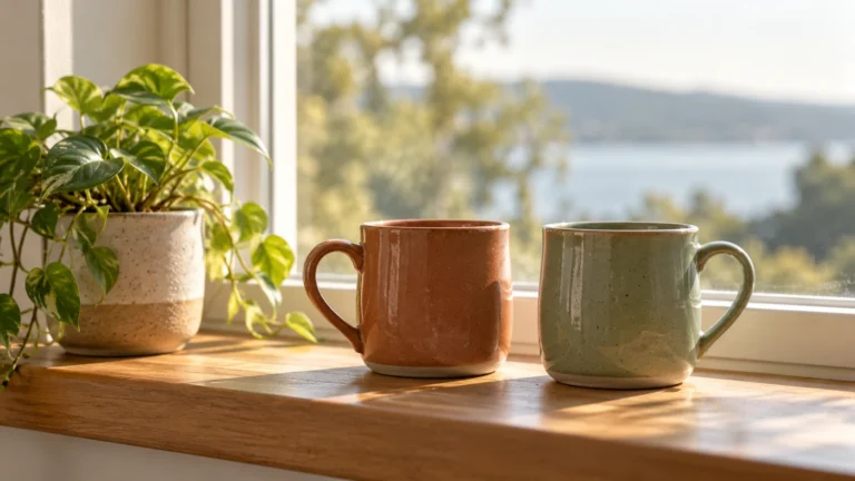 Two ceramic mugs and a plant on a sunny windowsill