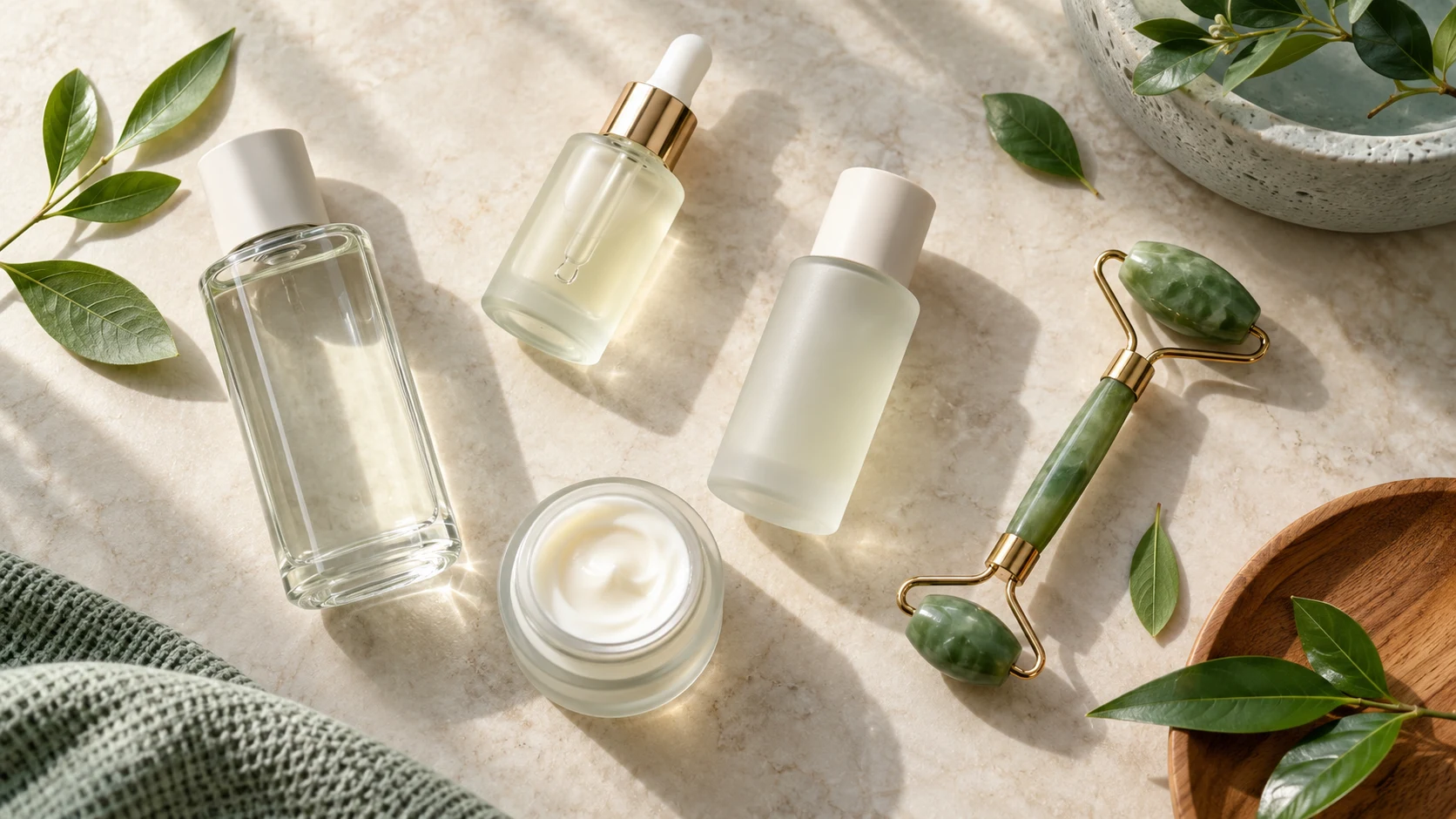 Unlabeled glass skincare bottles, jade roller and leaves on a stone surface